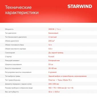 Газонокосилка роторная Starwind GLM-S21.210 (LMB21S05) 3100Вт - купить недорого с доставкой в интернет-магазине