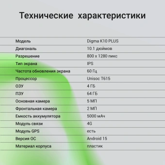 Планшет Digma K10 PLUS T615 (1.6) 8C RAM4Gb ROM64Gb 10.1" IPS 1280x800 4G Android 15 серый 5Mpix 2Mpix BT WiFi microSD 256Gb 5000mAh 225hrs - купить недорого с доставкой в интернет-магазине