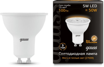 Лампа светодиодная Gauss MR16 5Вт цок.:GU10 спот 220B 3000K св.свеч.бел.теп. MR16 (упак.:1шт) (101506105) - купить недорого с доставкой в интернет-магазине