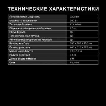 Пылесос Hyundai HYV-C5455 2200Вт черный - купить недорого с доставкой в интернет-магазине
