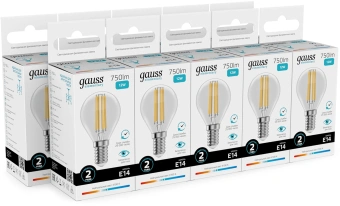 Лампа филам. Gauss Filament 12Вт цок.:E14 шар св.свеч.бел.нейт. (упак.:10шт) (52122) - купить недорого с доставкой в интернет-магазине