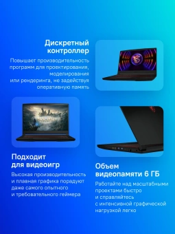 Ноутбук MSI GF63 Thin 12VE-1038XRU Core i5 12450H 16Gb SSD1Tb NVIDIA GeForce RTX4050 6Gb 15.6" IPS FHD (1920x1080) FreeDOS black WiFi BT Cam (9S7-16R821-1038) - купить недорого с доставкой в интернет-магазине