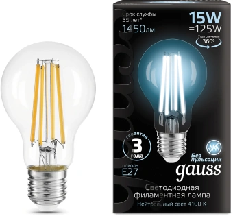 Лампа светодиодная Gauss Filament 102902215 15Вт цок.:E27 груша 220B св.свеч.бел.нейт. (упак.:10шт) - купить недорого с доставкой в интернет-магазине