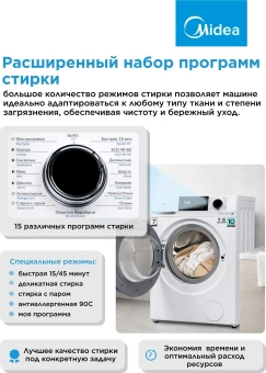 Стиральная машина Midea MFC3712BSW40/W класс: A загр.фронтальная макс.:7кг белый инвертор - купить недорого с доставкой в интернет-магазине