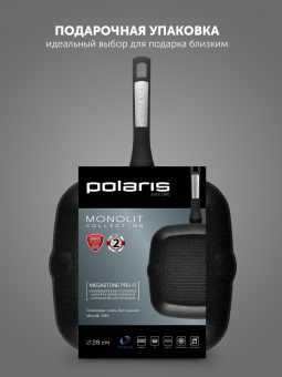 Сковорода-гриль Polaris Monolit 28G квадратная покрытие: антипригарное с керамической крошкой ручка несъемная (без крышки) черный (15264) - купить недорого с доставкой в интернет-магазине