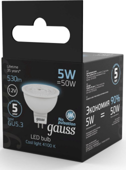 Лампа светодиодная Gauss Black 5Вт цок.:GU5.3 рефлек. 12B св.свеч.бел.нейт. MR16 (упак.:10шт) (201505205) - купить недорого с доставкой в интернет-магазине