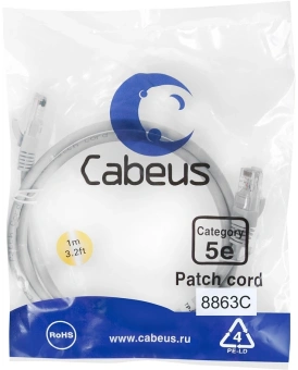 Патч-корд Cabeus PC-UTP-RJ45-CAT.5E-1M-LSZH U/UTP RJ-45 вил.-вилка RJ-45 кат.5E 1м серый LSZH - купить недорого с доставкой в интернет-магазине