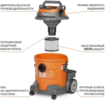 Строительный пылесос Daewoo DAVC 2514S 1400Вт (уборка: сухая/влажная/выдув/сбор воды) серый - купить недорого с доставкой в интернет-магазине