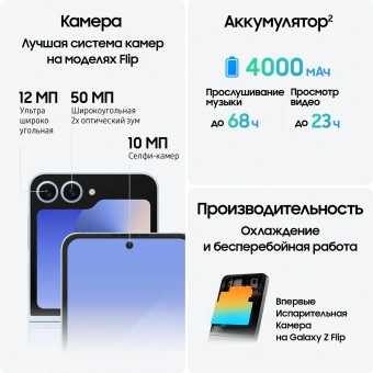 Смартфон Samsung SM-F741B Galaxy Z Flip 6 512Gb 12Gb голубой раскладной 3G 4G 1Sim 6.7" 1080x2640 Android 14 50Mpix 802.11 a/b/g/n/ac/ax NFC GPS GSM900/1800 GSM1900 Protect - купить недорого с доставкой в интернет-магазине