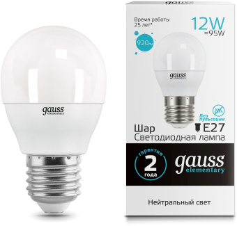 Лампа светодиодная Gauss Elementary 12Вт цок.:E27 шар 220B св.свеч.бел.нейт. (упак.:10шт) (53222) - купить недорого с доставкой в интернет-магазине