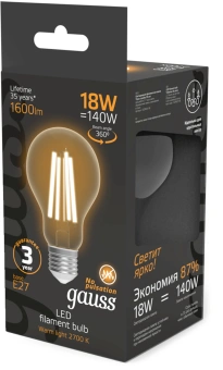 Лампа филам. Gauss Filament 18Вт цок.:E27 груша 220B св.свеч.бел.теп. (упак.:10шт) (102902118) - купить недорого с доставкой в интернет-магазине