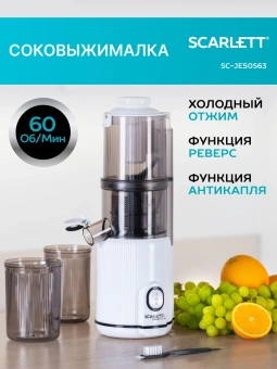 Соковыжималка шнековая Scarlett SC-JE50S63 400Вт рез.сок.:600мл. белый - купить недорого с доставкой в интернет-магазине