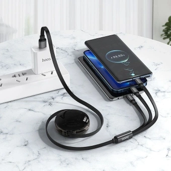 Кабель Hoco X78 Easy pull storage 3-in-1 91290 USB (m)-Lightning (m)/USB Type-C (m)/micro USB (m) 1м черный - купить недорого с доставкой в интернет-магазине