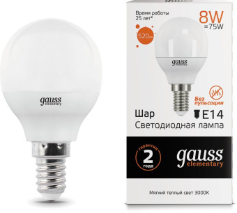 Лампа светодиодная Gauss Elementary 8Вт цок.:E14 шар 220B 3000K св.свеч.бел.теп. P45 (упак.:10шт) (53118) - купить недорого с доставкой в интернет-магазине