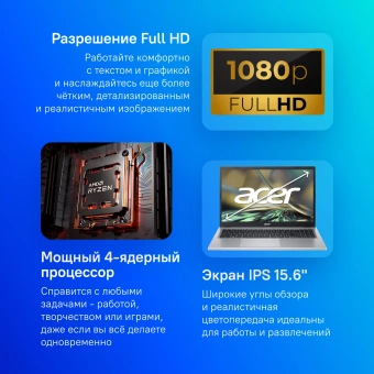 Ноутбук Acer Aspire 3 A315-24P-R0Q6 Ryzen 3 7320U 8Gb SSD512Gb AMD Radeon 610M 15.6" IPS FHD (1920x1080) без ОС silver WiFi BT Cam (NX.KDECD.008) - купить недорого с доставкой в интернет-магазине