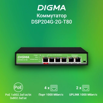 Коммутатор Digma DSP204G-2G-T80 (L2) 6x1Гбит/с 4PoE 4PoE+ 1PoE++ 80W неуправляемый - купить недорого с доставкой в интернет-магазине