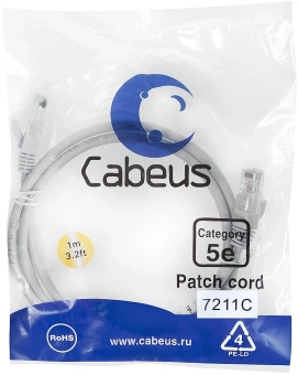 Патч-корд Cabeus PC-UTP-RJ45-CAT.5E-1M U/UTP RJ-45 вил.-вилка RJ-45 кат.5E 1м серый ПВХ - купить недорого с доставкой в интернет-магазине