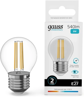 Лампа филам. Gauss Filament 8Вт цок.:E27 шар св.свеч.бел.нейт. (упак.:10шт) (52228) - купить недорого с доставкой в интернет-магазине