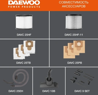 Строительный пылесос Daewoo DAVC 2516S 1600Вт (уборка: сухая/сбор воды/выдув) оранжевый - купить недорого с доставкой в интернет-магазине