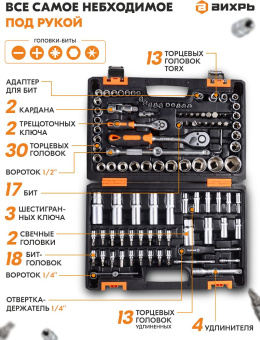 Набор инструментов Вихрь 1/2", 1/4", CrV 108 предметов (жесткий кейс) - купить недорого с доставкой в интернет-магазине