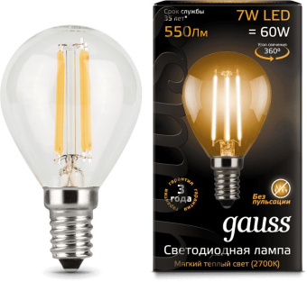 Лампа светодиодная Gauss 7Вт цок.:E14 шар 220B 2700K св.свеч.бел.теп. P45 (упак.:1шт) (105801107) - купить недорого с доставкой в интернет-магазине