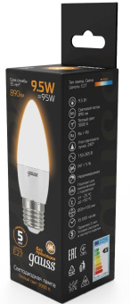 Лампа светодиодная Gauss 9.5Вт цок.:E27 свеча 220B св.свеч.бел.теп. (упак.:10шт) (103102110) - купить недорого с доставкой в интернет-магазине