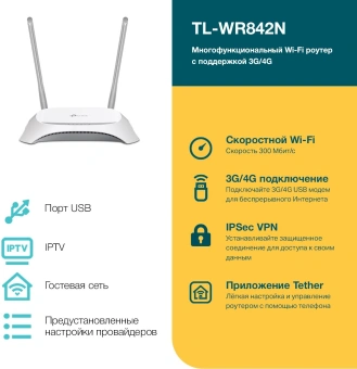 Роутер беспроводной TP-Link TL-WR842N N300 10/100BASE-TX/4G ready белый - купить недорого с доставкой в интернет-магазине