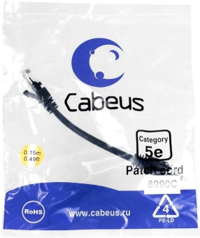 Патч-корд Cabeus PC-UTP-RJ45-CAT.5E-0.15M-BK U/UTP RJ-45 вил.-вилка RJ-45 кат.5E 0.15м черный ПВХ - купить недорого с доставкой в интернет-магазине