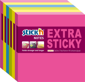 Блок самоклеящийся бумажный Stick`n Extra Sticky 21679 76x76мм 90лист. 70г/м2 неон ассорти (упак.:6шт) - купить недорого с доставкой в интернет-магазине