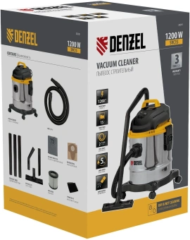 Строительный пылесос Denzel SVC15 1200Вт (уборка: сухая/сбор воды/выдув) серебристый - купить недорого с доставкой в интернет-магазине