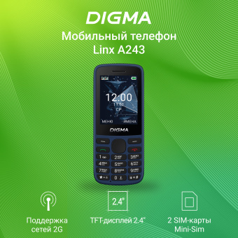Мобильный телефон Digma A243 Linx 32Mb темно-синий моноблок 2Sim 2.4" 240x320 GSM900/1800 GSM1900 microSD max32Gb - купить недорого с доставкой в интернет-магазине