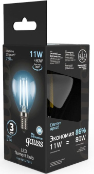 Лампа филам. Gauss Filament 11Вт цок.:E14 шар 220B св.свеч.бел.нейт. (упак.:10шт) (105801211) - купить недорого с доставкой в интернет-магазине
