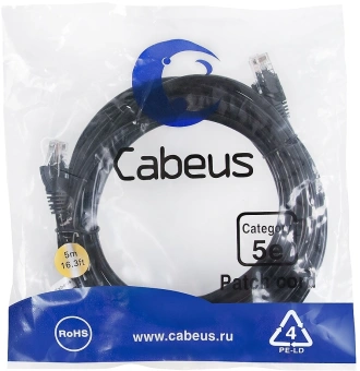 Патч-корд Cabeus PC-UTP-RJ45-CAT.5E-5M-BK-LSZH U/UTP RJ-45 вил.-вилка RJ-45 кат.5E 5м черный LSZH - купить недорого с доставкой в интернет-магазине