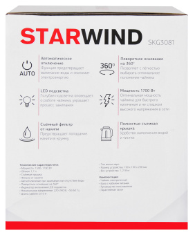 Чайник электрический Starwind SKG3081 1.7л. 1700Вт черный/серебристый (корпус: стекло) - купить недорого с доставкой в интернет-магазине
