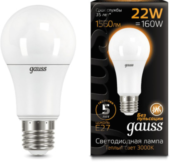 Лампа светодиодная Gauss A70 22Вт цок.:E27 груша 220B св.свеч.бел.теп. (упак.:1шт) (102502122) - купить недорого с доставкой в интернет-магазине