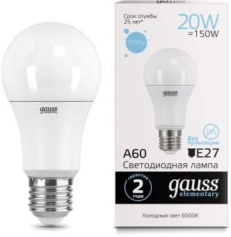 Лампа светодиодная Gauss Elementary 20Вт цок.:E27 груша 220B 6500K св.свеч.бел.хол. A60 (упак.:10шт) (23239) - купить недорого с доставкой в интернет-магазине
