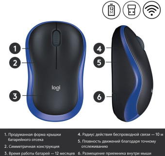 Мышь Logitech M185 черный/синий оптическая (1000dpi) беспроводная USB1.1 для ноутбука (2but) - купить недорого с доставкой в интернет-магазине