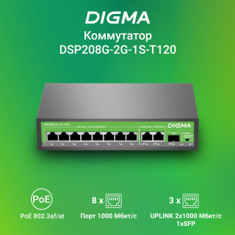 Коммутатор Digma DSP208G-2G-1S-T120 (L2) 10x1Гбит/с 1SFP 8PoE 8PoE+ 120W неуправляемый - купить недорого с доставкой в интернет-магазине