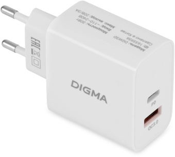 Сетевое зар./устр. Digma DGW3D 30W 3A (PD+QC) USB-C/USB-A универсальное белый (DGW3D0F110WH) - купить недорого с доставкой в интернет-магазине