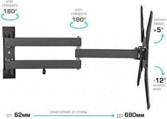 Кронштейн для телевизора Kromax Optima-410 титан 14"-65" макс.30кг настенный поворотно-выдвижной и наклонный - купить недорого с доставкой в интернет-магазине