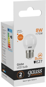 Лампа светодиодная Gauss Elementary 8Вт цок.:E27 шар 220B св.свеч.бел.теп. (упак.:10шт) (53218) - купить недорого с доставкой в интернет-магазине