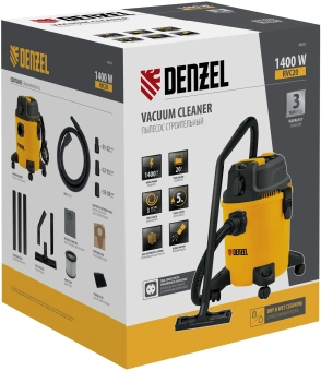 Строительный пылесос Denzel RVC20 1400Вт (уборка: сухая/сбор воды/выдув) желтый - купить недорого с доставкой в интернет-магазине