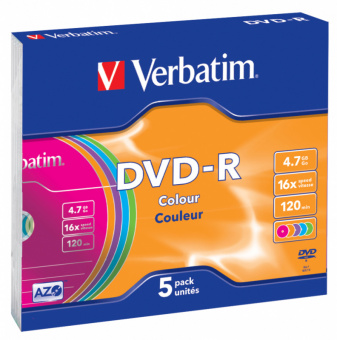 Диск DVD-R Verbatim 4.7Gb 16x Slim case (5шт) Color (43557) - купить недорого с доставкой в интернет-магазине