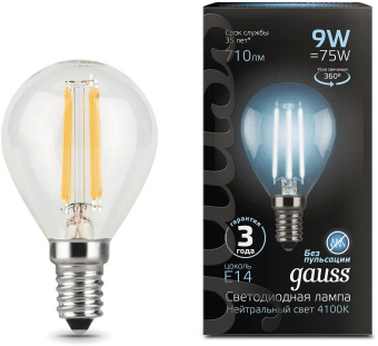 Лампа филам. Gauss Filament 9Вт цок.:E14 шар 220B 4100K св.свеч.бел.нейт. (упак.:10шт) (105801209) - купить недорого с доставкой в интернет-магазине