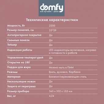 Электрогриль Domfy Metal DSM-EG502 2200Вт черный/серебристый - купить недорого с доставкой в интернет-магазине