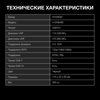 Ресивер DVB-T2 Hyundai H-DVB460 черный - купить недорого с доставкой в интернет-магазине