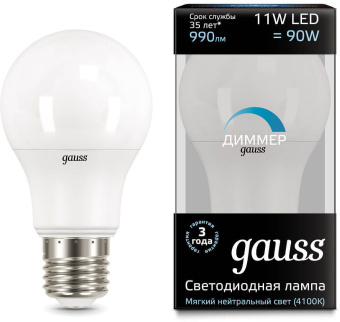 Лампа светодиодная Gauss 102502211-D 11Вт цок.:E27 груша 220B 4100K св.свеч.бел.нейт. A60 (упак.:1шт) - купить недорого с доставкой в интернет-магазине