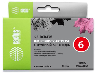 Картридж струйный Cactus CS-BCI6PM светло-пурпурный (12мл) для Canon BJC-8200/MP750/MP760/MP780/iP4000/iP5000/iP6000D/iP8500/S800/S820D/S830D/S900/S9000/i865/i905D/i9100/i950/i965/i990/i9900/i9951 с чипом - купить недорого с доставкой в интернет-магазине