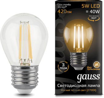 Лампа филам. Gauss 5Вт цок.:E27 шар 220B 2700K св.свеч.бел.теп. G45 (упак.:10шт) (105802105) - купить недорого с доставкой в интернет-магазине