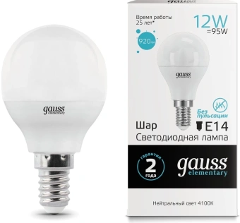 Лампа светодиодная Gauss Elementary 12Вт цок.:E14 шар 220B св.свеч.бел.нейт. (упак.:1шт) (53122) - купить недорого с доставкой в интернет-магазине